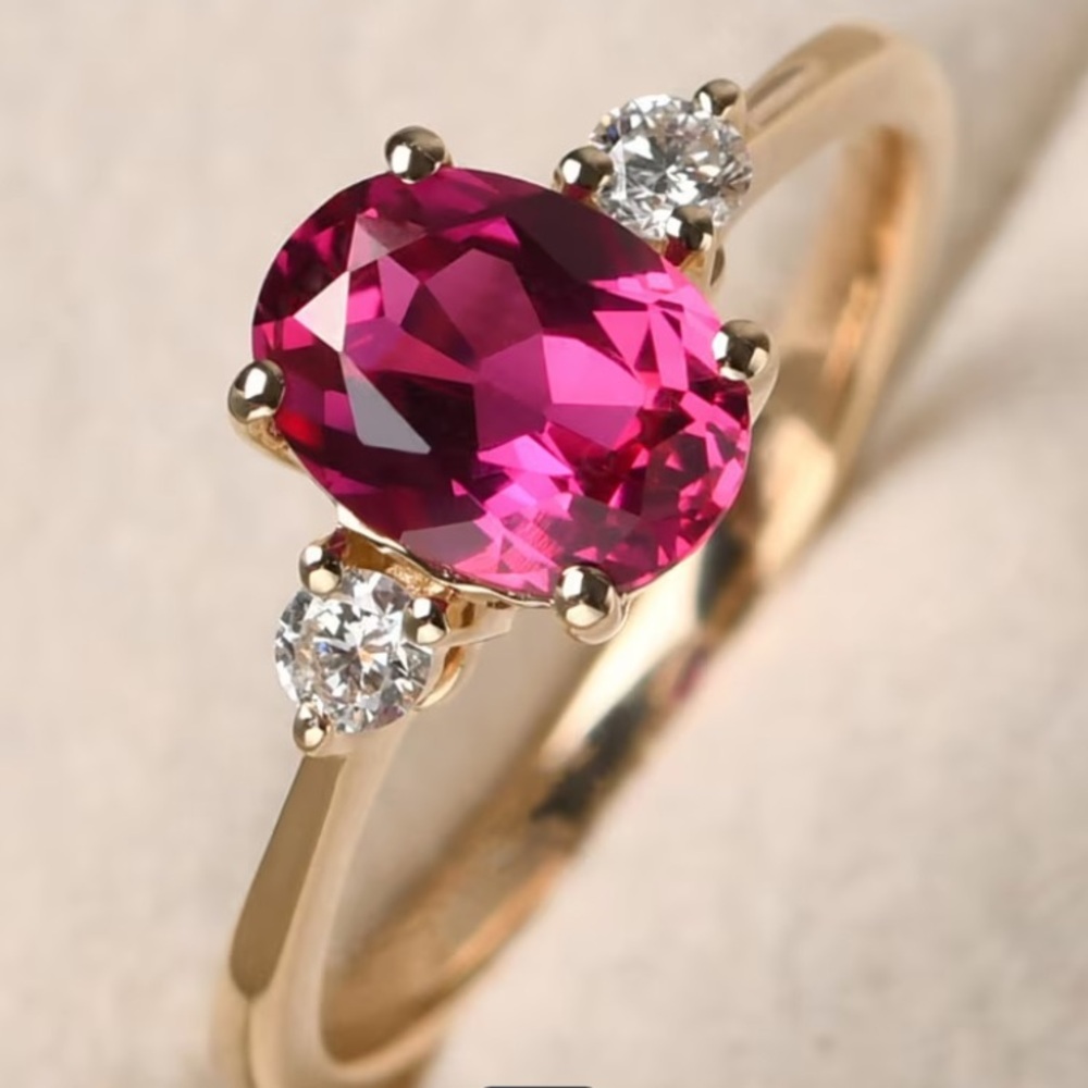 Pink Crystal Oval Gemstone 14k gold plated Ring with Side Crystals